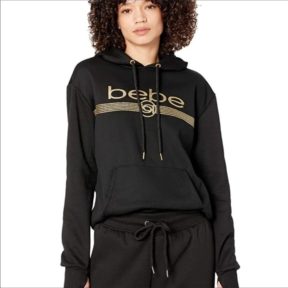 NWT Bebe Black and Gold Glitter Logo Long Sleeve Pullover Hoodie Size Small